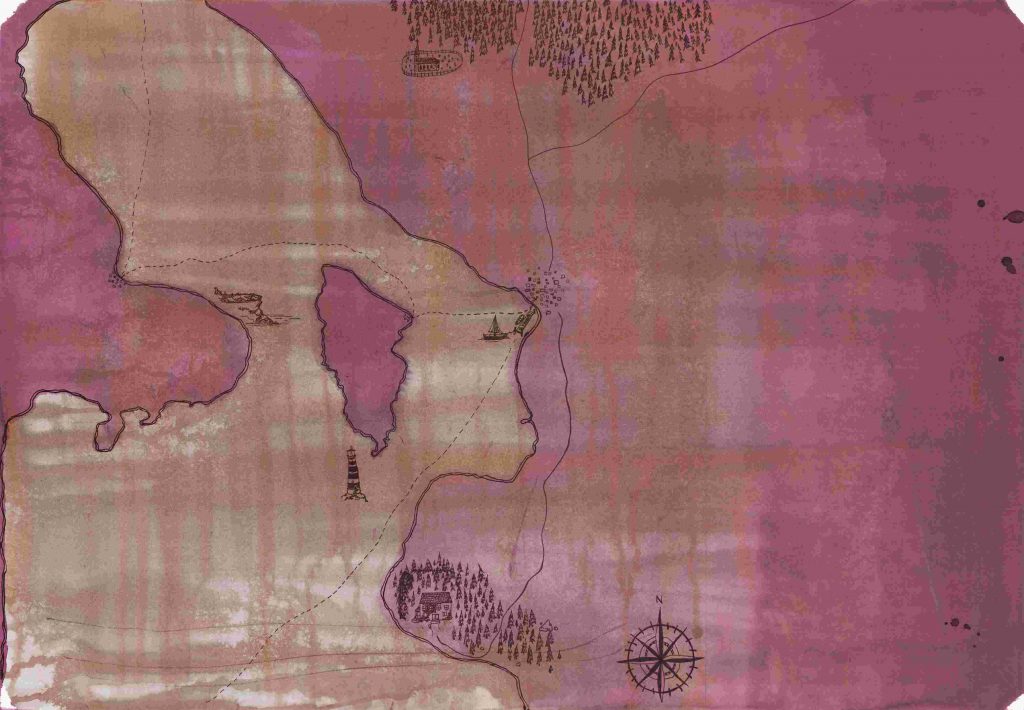 Illustrative, handgezeichnete Karte in Rosa- und Erdtönen mit Küstenlinien, Wegen, einem Leuchtturm, kleinen Häusern, Wäldern, Booten und einer Windrose.